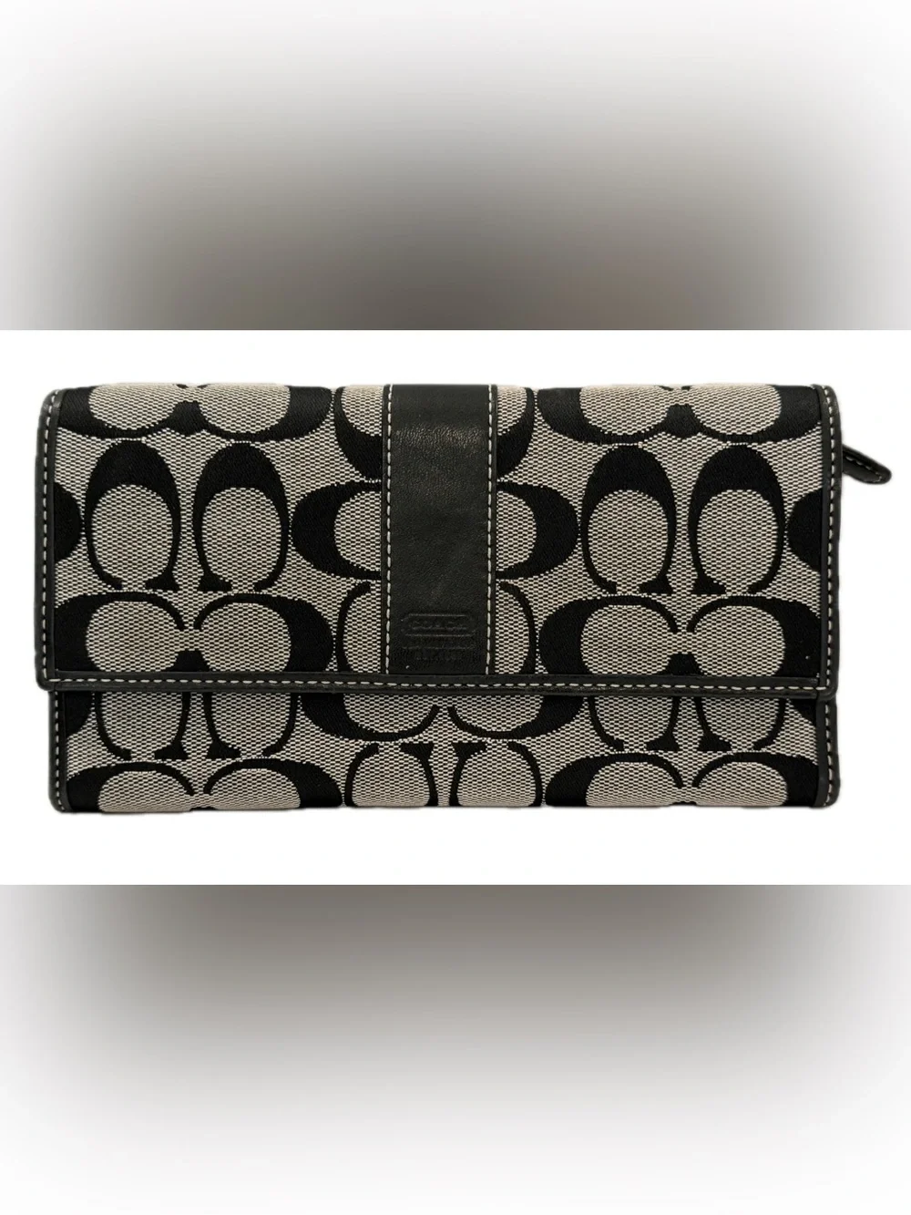 Vintage Coach Signature C Jacquard & Black Leather Trifold Wallet~Retail $175